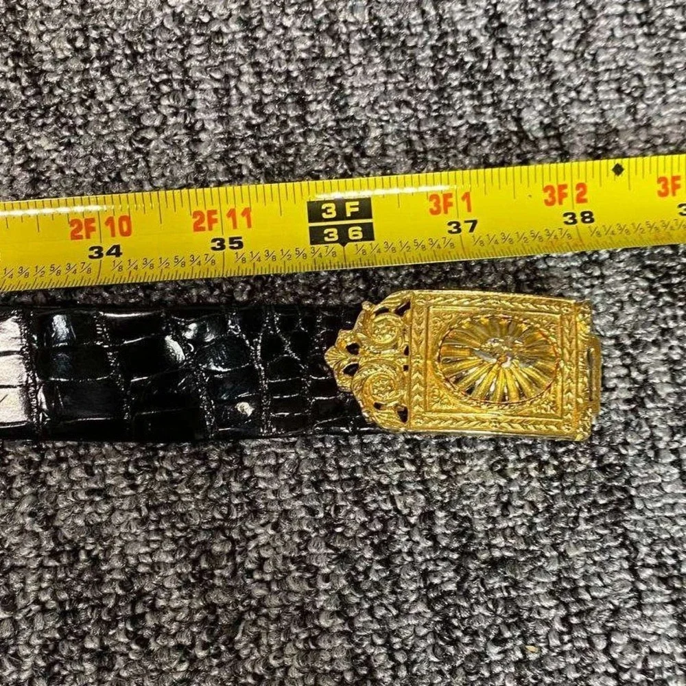 Judith Leiber Crocodile Belt Womens Large Black Gold Ornate Eagle Buckle Vintage